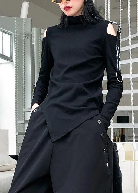 French black cotton shirts women asymmetric hollow out Art top