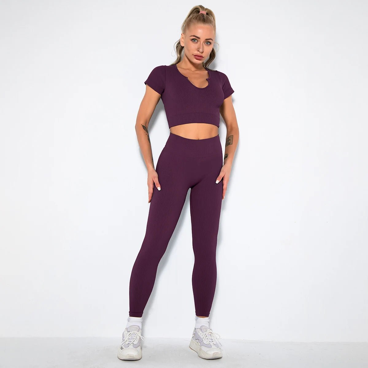 v-shirt+Leggings-purple red