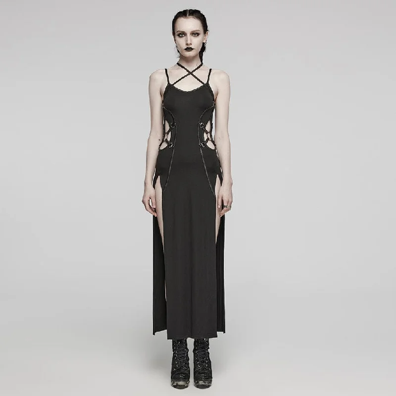 Women's Punk Cutout Side Slit Lace-Up Halter Slip Dress