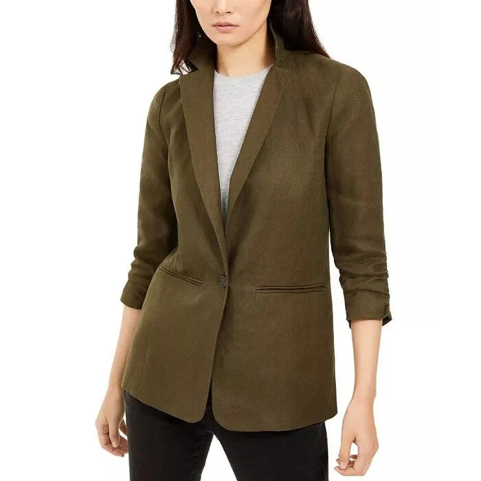 Michael Kors Women's Ruched Sleeve Linen Blazer Green Size 2 Petite - 2 Petite