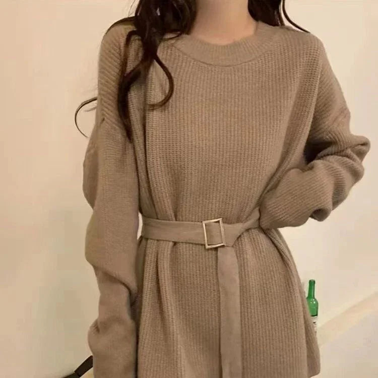 Autumn Winter Loose Lace Waist Oversized Soft Knitted Sweater