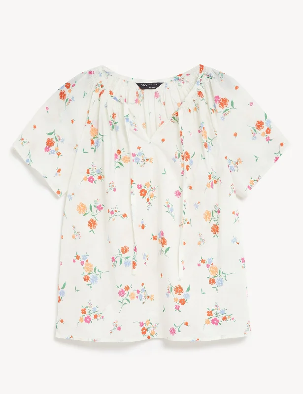 Pure Cotton Printed Tie Neck Blouse