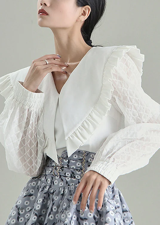 Fitted White Ruffled Patchwork Cotton Blouse Top Spring