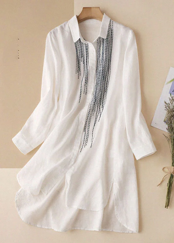 Fashion White Embroideried Low High Design Cotton Linen Long Shirt Top Long Sleeve