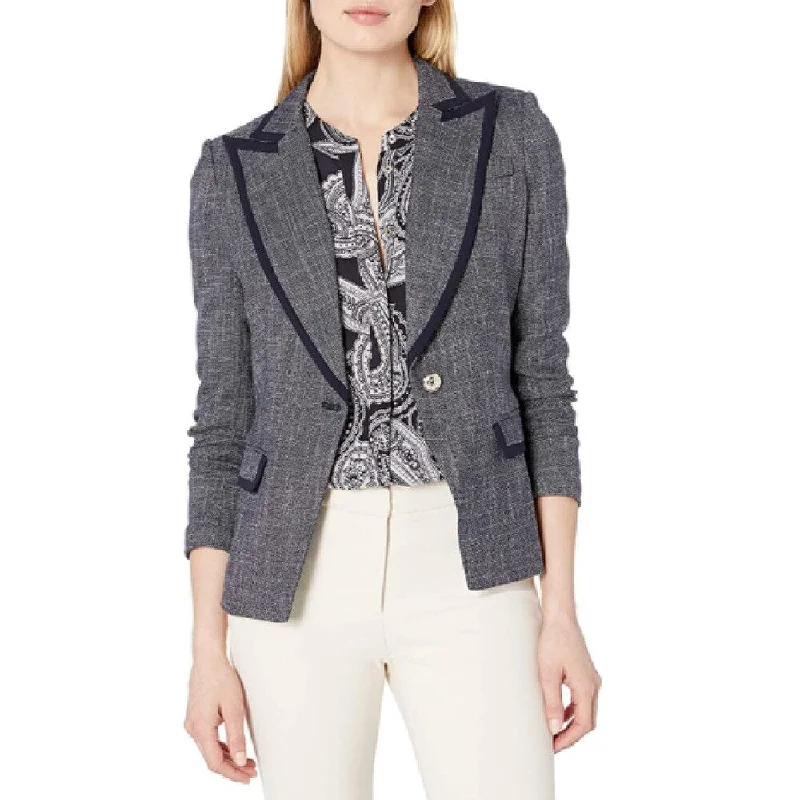 Tommy Hilfiger Women's One Button Piped Novelty Cut Away Blazer Navy Size 4