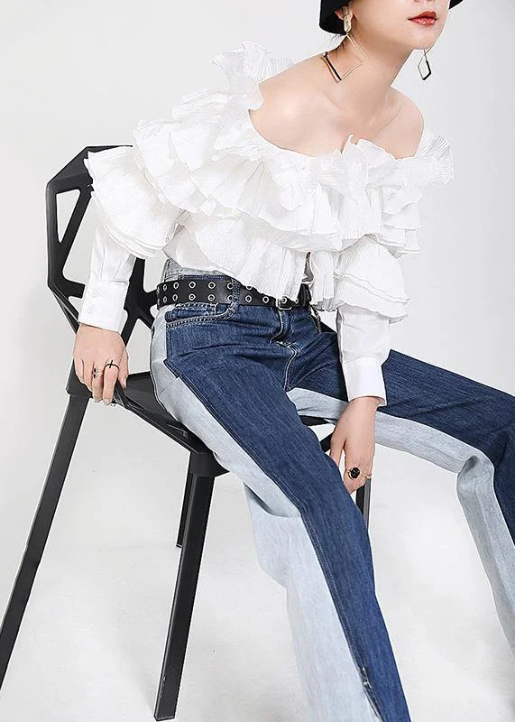 Fine White Cold Shoulder Slash neck Long sleeve Shirt Tops