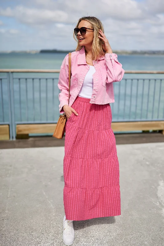 Shine On Label Gabrielle Striped Tiered Skirt Red Pink