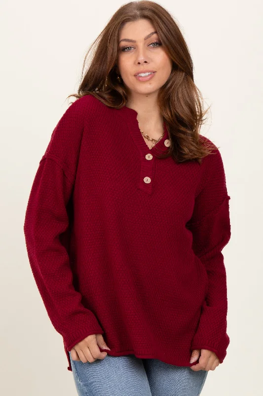 Burgundy Diamond Knit Button Detail Sweater