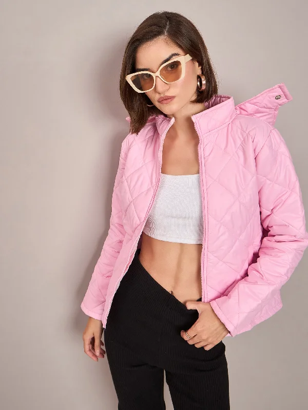 Women Pink Diamond Quilted Hooded Puffer Jacket