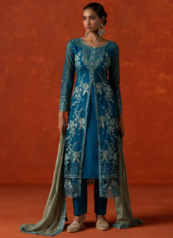 Teal Embroidered Crepe Silk Straight Suit