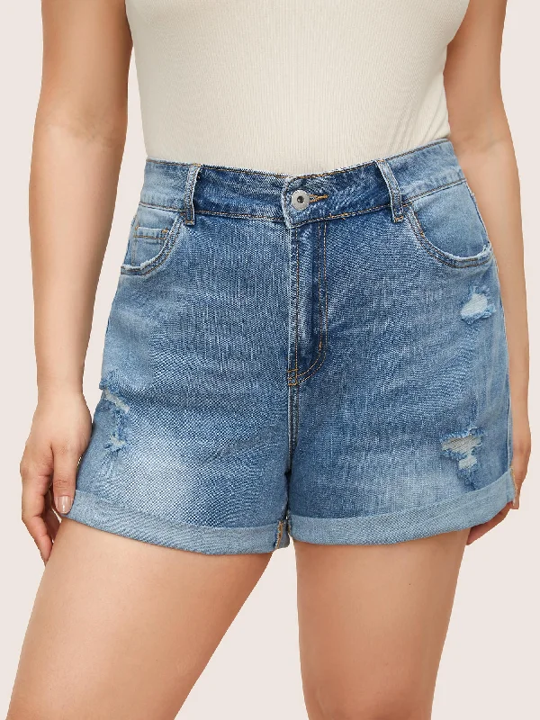 Skinny Very Stretchy Light Wash Roll Hem Distressed Denim Shorts