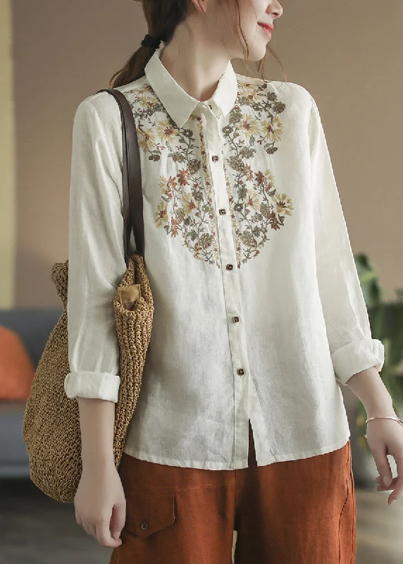 French Beige Peter Pan Collar Embroideried Linen Shirt Tops Spring