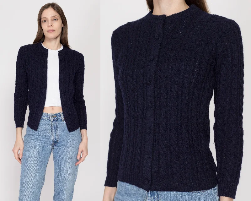 XS 70s Navy Blue Cable Knit Cardigan