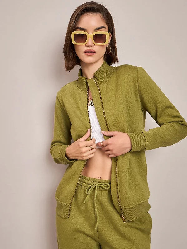 Women Olive Fleece Zipper Jacket