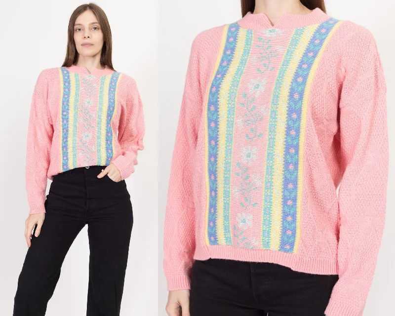 Small 80s Pink Striped Cable Knit Sweater