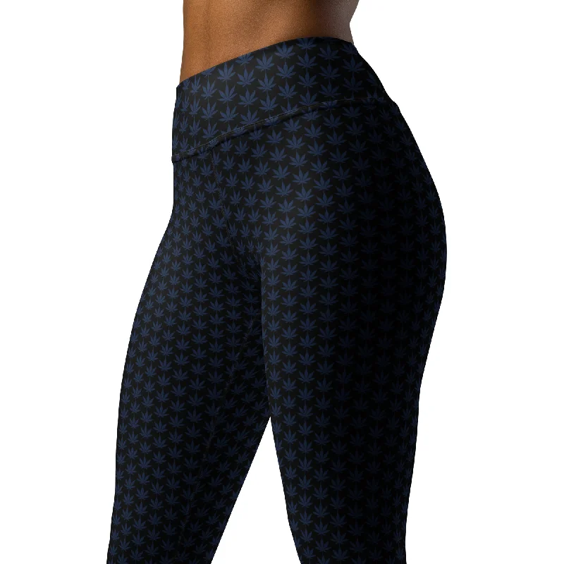 Navy Blue And Black Cannabis Leaf Yoga Leggings