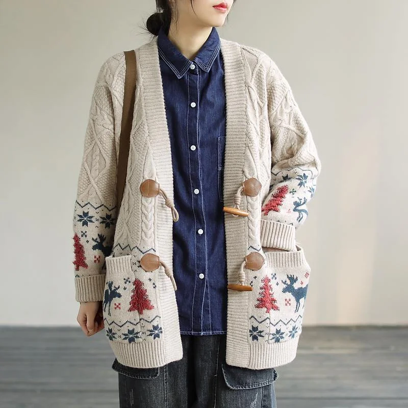 For Work Spring knit sweat tops trendy plus size Beige Deer Print knitted cardigans