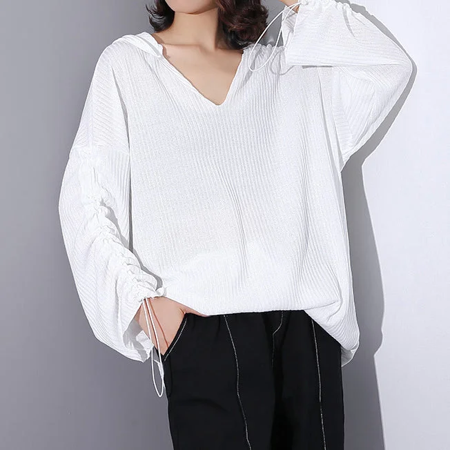 fine white Midi-length cotton blended t shirt oversized Hooded baggy traveling clothing casual long sleeve asymmetrical design cotton blended tops