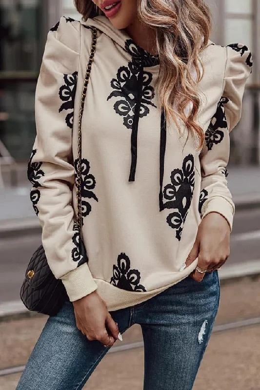 Drawstring Puff Sleeves Loose Hooded Sweatshirt