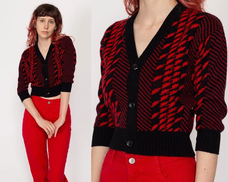 XXS 90s Red & Black Cropped Knit Cardigan