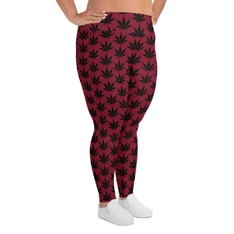 Red And Black Weed Leaf Plus Size Leggings