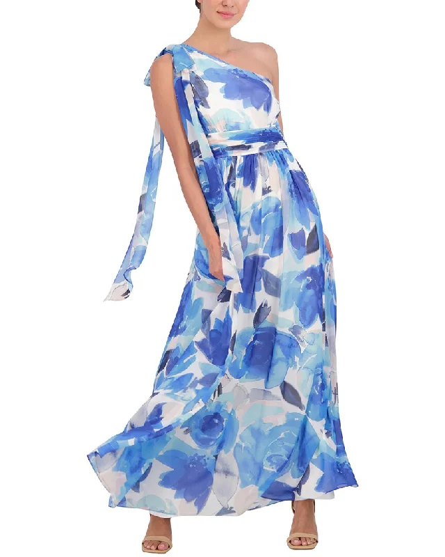 Eliza J One-Shoulder Printed Chiffon Gown