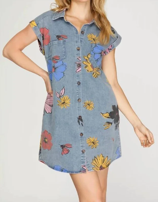 Floral Denim Shirt Dress In Blue/multi